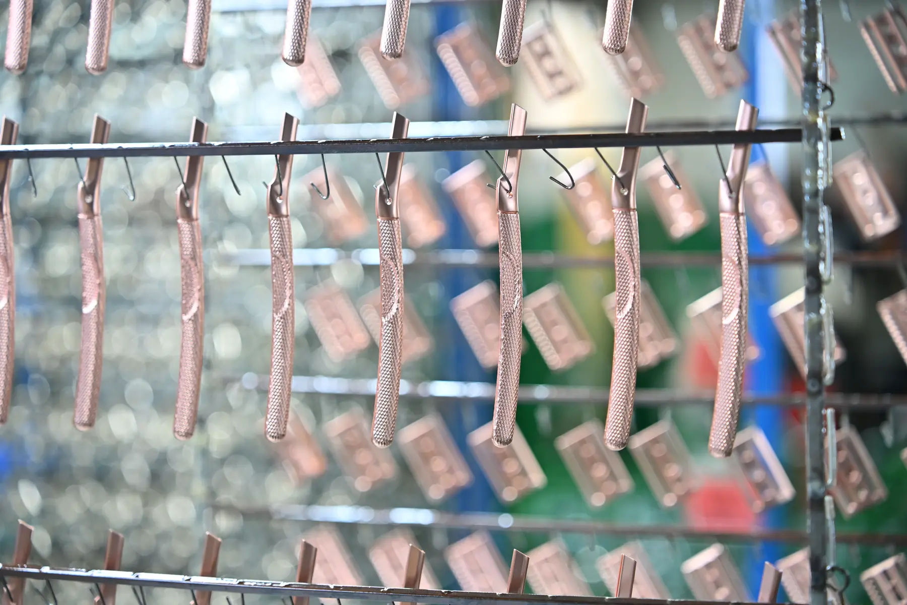 Rose gold razor handles after surface plating