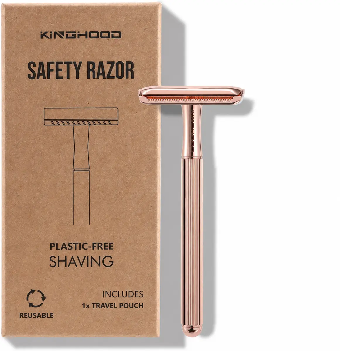 Kraft safety razor retail box with a rose gold razor
