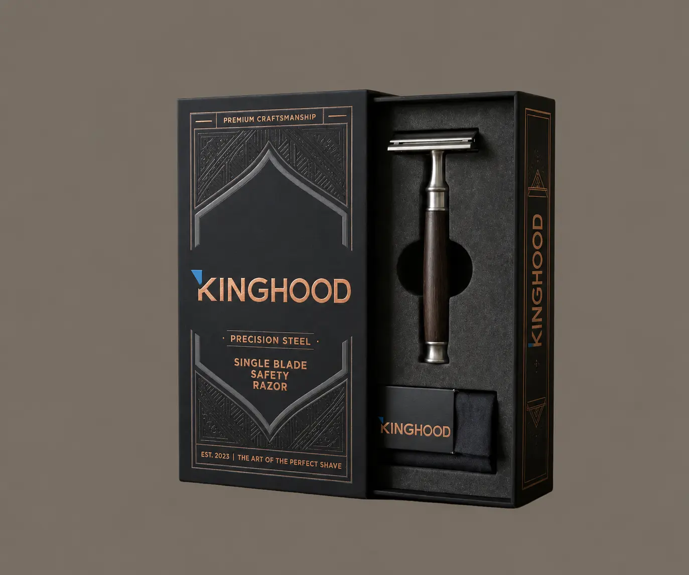 Black Kinghood safety razor retail box with fitted insert