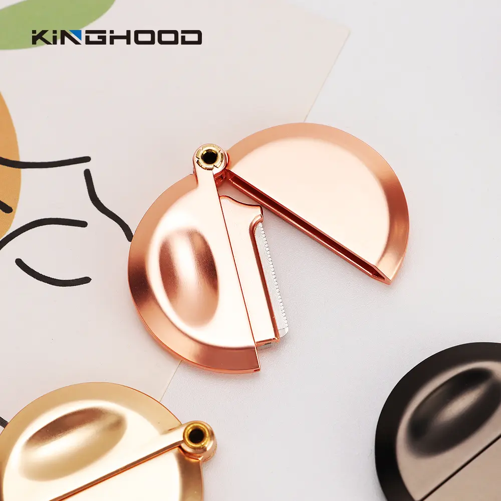 Rose gold folding eyebrow razor with circular metal body