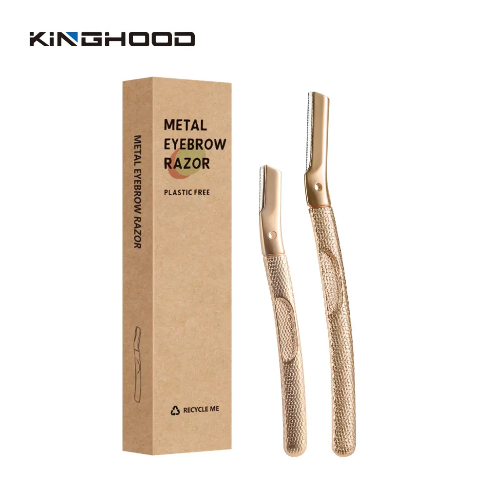 Two complete rose gold Kinghood metal eyebrow razors with private label packaging