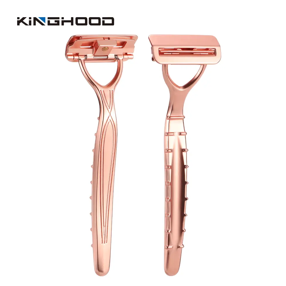 Front and back views of rose gold Kinghood pivoting metal razors