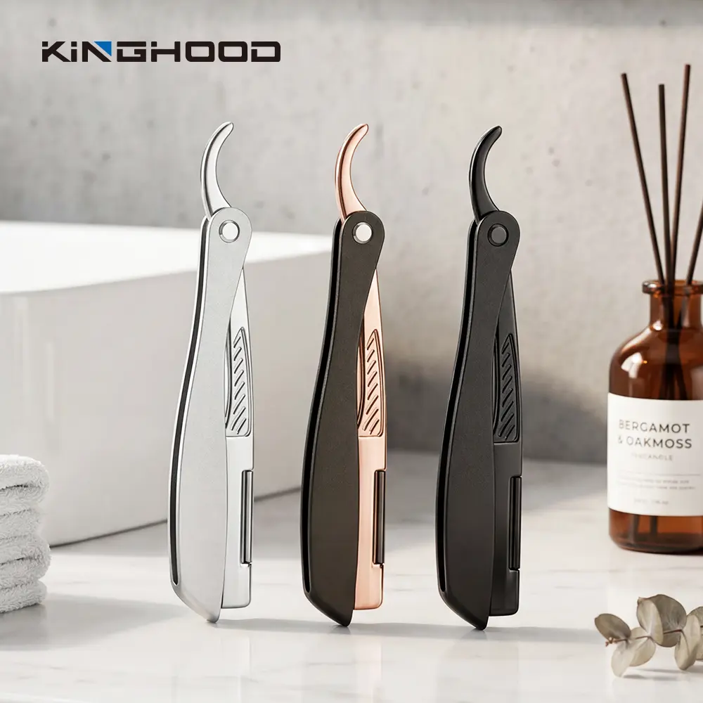 Silver, rose gold and black Kinghood straight barber razors